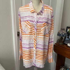 Blue sol Orange and Purple Abstract Striped Button-Down Shirt
